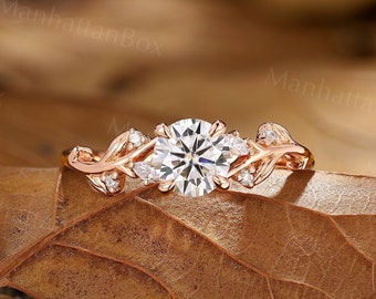 Nature Inspired Round Cut Moissanite Engagement Ring Unique Rose Gold Branch Leaf Ring Handmade Marquise Cut Anniversary Promise Bridal Ring