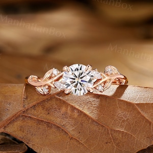 Nature Inspired Round Cut Moissanite Engagement Ring Unique Rose Gold Branch Leaf Ring Handmade Marquise Cut Anniversary Promise Bridal Ring
