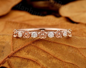 Delicate Diamond wedding band rose gold Vintage floral matching wedding ring Stacking Bridal Band Half eternity band Anniversary ring