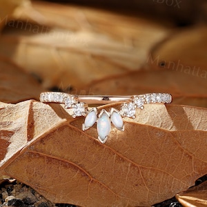 Curved Natural Opal Wedding Band - Rose Gold Moissanite Matching Band - Unique Stacking Diamond Half Eternity Band by ManhattanBox