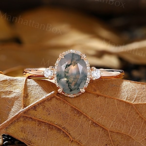 Oval Moss Agate Engagement Ring -  Rose Gold Moissanite Halo Wedding Ring - Custom Minimalist Promise Ring by ManhattanBox
