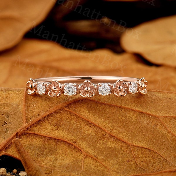 Delicate Diamond wedding band rose gold Vintage floral matching wedding ring Stacking Bridal Band Half eternity band Anniversary ring