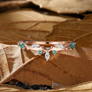 Twig Curved Wedding Band - Nature Inspired Chevron Ring with Moissanite & Emerald - Rose Gold Stackable Matching Ring by ManhattanBox