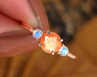 Vintage African Sunstone Engagement Ring - Rose Gold Orange Sapphire Wedding Ring - Three Stone Opal Unique Promise Ring by ManhattanBox