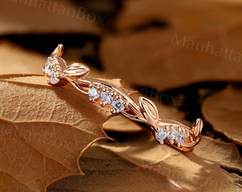 Rose gold moissanite diamond wedding band unique Matching band twist ring Leaf wedding ring Nature inspired ring delicate anniversary ring