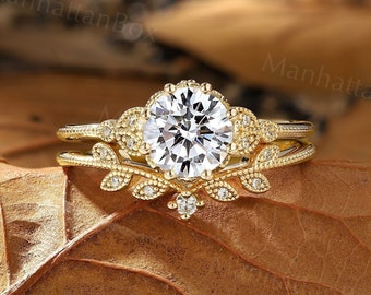 Vintage Round cut C&C moissanite engagement ring Yellow gold Antique milgrain leaf bridal set Nature inspired wedding set Anniversary ring