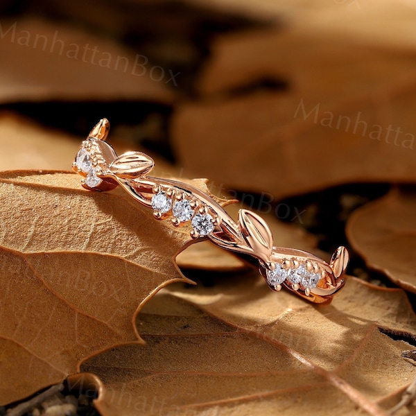 Rose gold moissanite diamond wedding band unique Matching band twist ring Leaf wedding ring Nature inspired ring delicate anniversary ring