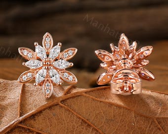 Floral Moissanite Stud Earrings - Marquise Cut Rose Gold Flower Earrings - Elegant Snowflakes Wedding Gift / Winter Jewelry by ManhattanBox