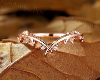 Moissanite twig wedding ring rose gold Vintage nature inspired round diamond curved matching bridal ring unique anniversary promise band