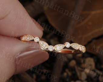 Vintage Diamond wedding band|Unique curved rose gold wedding ring|Moissanite milgrain matching band|Half eternity Stacking Anniversary ring