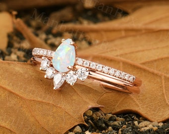 Vintage Pear shape Natural Opal engagement ring set| Diamond Moissanite art deco rose gold wedding ring set| Half eternity Anniversary ring