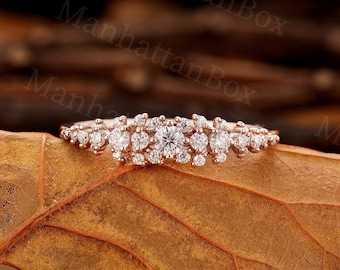 Diamond / Moissanite Cluster Ring in Rose Gold – Sparkling Vintage Matching Wedding Band  – Elegant Half Eternity Jewelry by ManhattanBox