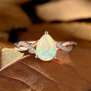 Ethiopian Opal Engagement Ring - Pear Shape Ring Rose Gold Twisted Wedding Ring - Unique Nature Diamond Promise Ring by ManhattanBox