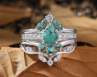 Green Matrix Turquoise Engagement Ring Set - Nature Inspired White Gold Diamond Wedding Ring - Vintage Promise Ring Set by ManhattanBox