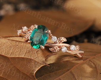 Oval Cut Lab Emerald Engagement Ring Rose Gold | Art Deco Leaf Design Diamond Bridal Ring | Unique Twist Prong Set Anniversary Ring