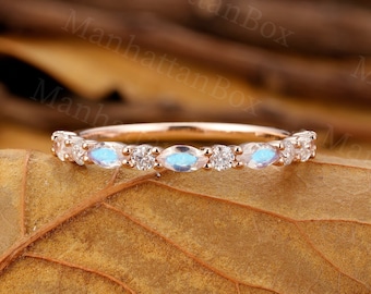 Marquise Moonstone wedding band rose gold Vintage Round moissanite stackable matching band art deco Half eternity band Anniversary ring