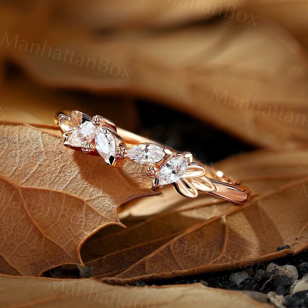 Leaf design marquise moissanite wedding band rose gold unique naure inspired bridal ring stackable matching anniversary promise ring women