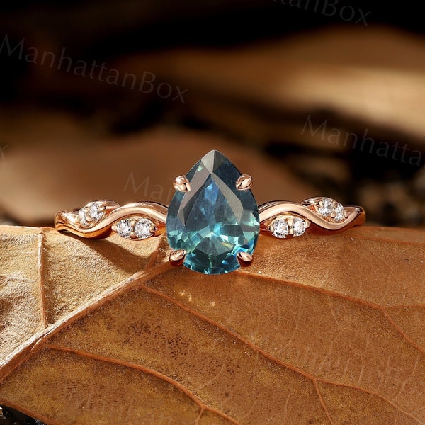 Teal Sapphire engagement ring Pear shape rose gold ring Round diamond ring Claw prong set ring Unique Promise ring Anniversary ring
