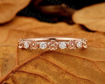 Floral Diamond Wedding Band - Nature Inspired Rose Gold Matching Stackable Ring - Delicate Petal Half Eternity Ring by ManhattanBox