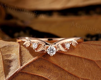 Leaf design Round cut diamond curved wedding band rose gold Nature inspired Bridal ring Unique stackable matching Anniversary promise ring
