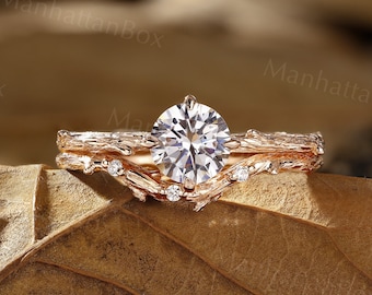 Wild Twig round cut moissanite engagement ring set solitaire ring Proposal diamond ring Nature inspired anniversary promise bridal set ring