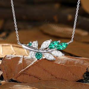 Elegant Leaf Emerald & Moissanite Necklace - White Gold Nature Inspired Pendant - Gemstone Wedding Anniversary Jewelry by ManhattanBox