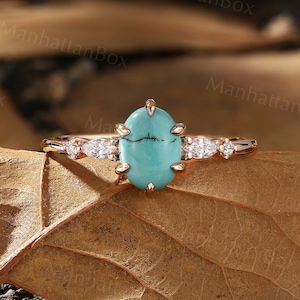 Natural Oval Turquoise Engagement Ring - Rose Gold Antique Marquise Diamond Wedding Ring - Half Eternity Promise Ring by ManhattanBox