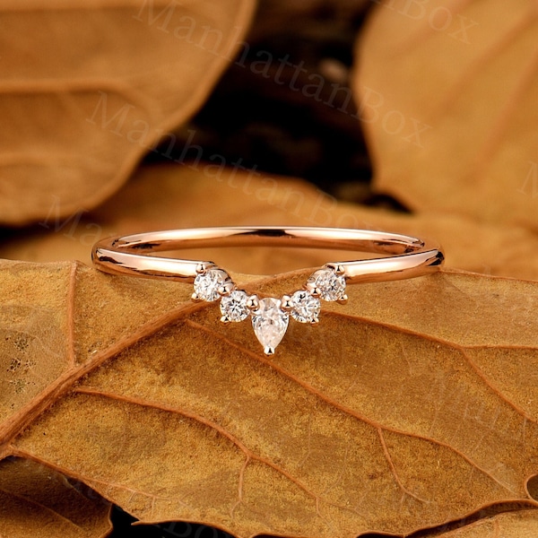 Dainty Tear drop Moissanite wedding band Rose gold band Curved Chevron band Moissanite Diamond ring Matching band Unique anniversary ring