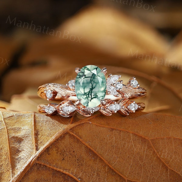 Nature Inspired Bridal Set Oval Cut Moss Agate Engagement Ring Set Rose Gold Vintage Tree Bark Moissanite Branch Design Wedding Ring Set