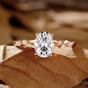 Vintage Oval Shape Moissanite Leaf Engagement Ring Antique Round Shape Diamond Ring Rose Gold Nature inspired Anniversary Bridal PromiseRing