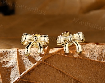 Christmas Gift Delicate Bow Stud Earrings Yellow gold Earrings Unique Xmas Earrings New Year Gift for women Daily Wear bowknot Earrings