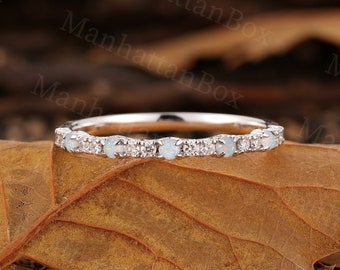 Vintage Round Moissanite matching band Diamond Bridal ring Art deco Natural Opal white gold Band Half eternity prong set Anniversary ring