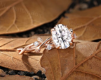 Vintage Oval Cut Moissanite Engagement Ring Rose Gold Leaf Design Diamond Bridal Ring Unique Twist Branch Wedding Ring Anniversary Ring