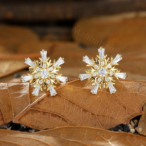 Elegant Snowflake CZ Stud Earrings -Yellow Gold Winter Holiday Cubic Zirconia Earrings - Snow Flower Christmas Party Studs by ManhattanBox