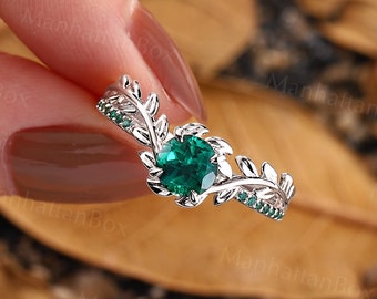 Nature Inspired Round Lab Emerald Engagement Ring White Gold Vintage Leaf Design Halo Bridal Ring Unique Vine Wedding Ring Anniversary Ring