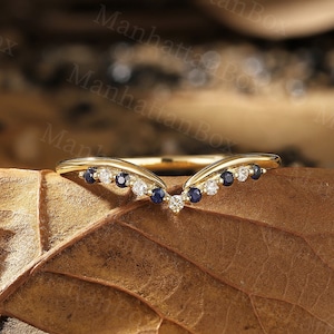 Delicate Diamond Curved Wedding Band - Crown Yellow Gold Sapphire Matching Band - Chevron Stacking Promise Ring by ManhattanBox