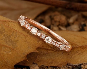 Diamond wedding band rose gold|Vintage Round moissanite matching band | Stacking Bridal Band | Half eternity band | Anniversary ring