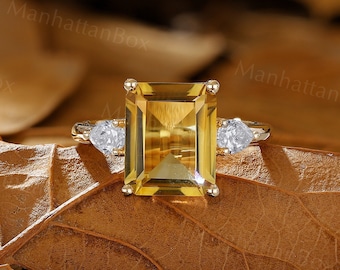 Art Deco Emerald Cut Yellow Citrine Engagement Ring - Yellow Gold Gemstone Wedding Ring - Vintage Promise Ring by ManhattanBox