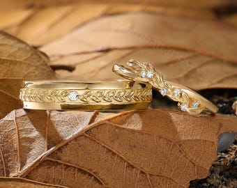 Gold Wedding Ring Set - Leaf His and Hers Rings - Vine Couple Ring Set by ManhattanBox