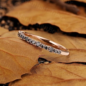 Delicate Black Diamond Wedding Band - Vintage Rose Gold Stacking Ring - Unique Dainty Half Eternity Matching Promise Ring by ManhattanBox