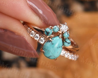 Turquoise verlovingsring Set Vintage Pear Cut Turquoise Ring Rose Gold Ring Art Deco Moissanite Diamond Ring Unieke Bruidsverjaardag Ring