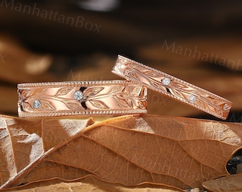 Nature Inspired 3mm Rose Gold Wedding Band - Vintage Diamond Stackable Matching Ring - Unique Leaf Milgrain Engraved Ring by ManhattanBox