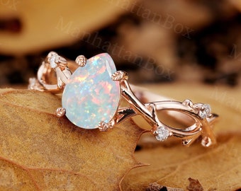 Branch Design Natural Pear Opal Engagement Ring Vintage Prong Set