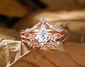 Nature Inspired Moissanite Engagement Ring Set Rose Gold Floral Kite Cut Bridal Ring Unique Stackable Matching Curved Filigree Wedding Ring