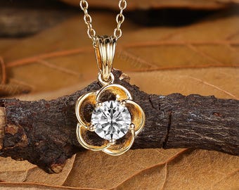 Moissanite Flower Pendant - Elegant Gold Necklace - Floral Solitaire Charm by ManhattanBox