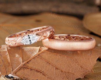 EAST-WEST Brushed Finish Couples&#39; Band - Vintage Moissanite Wedding Ring - Rose Gold Nature Inspired His and Her Rings by ManhattanBox