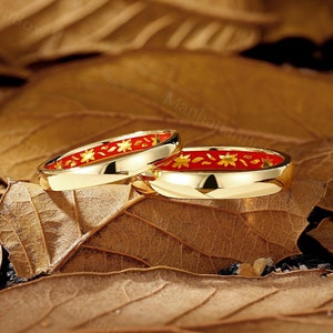 Yellow Gold & Red Enamel Floral Wedding Band Set – Nature Inspired His and Her Matching Rings – Unique Wedding Bands by ManhattanBox