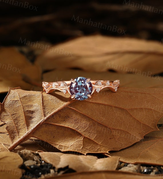 Nature Inspired Ring Round Cut Alexandrite Engagement Ring Vintage