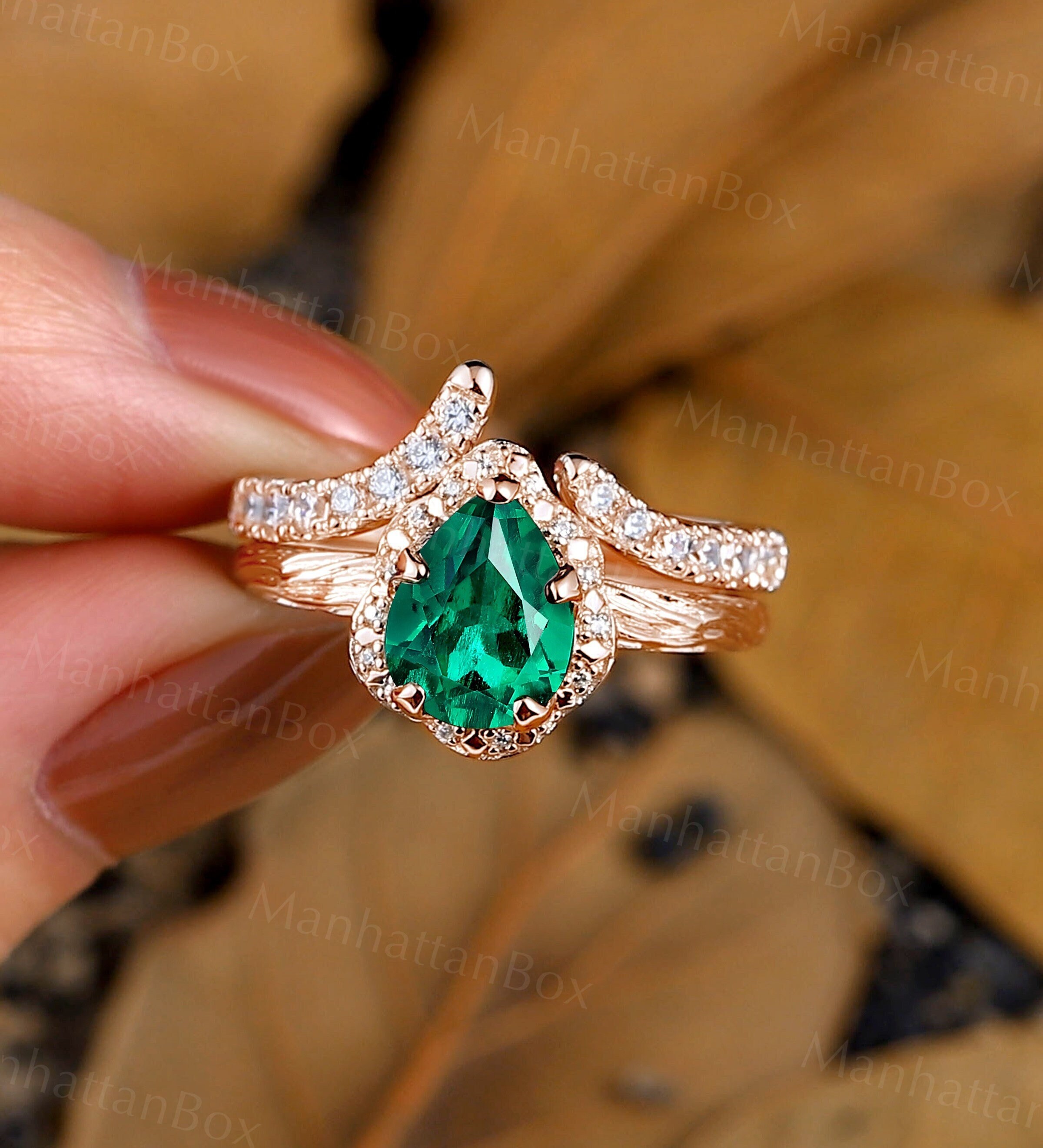 Vintage Emerald Engagement Ring Set - Branch Halo Promise Ring