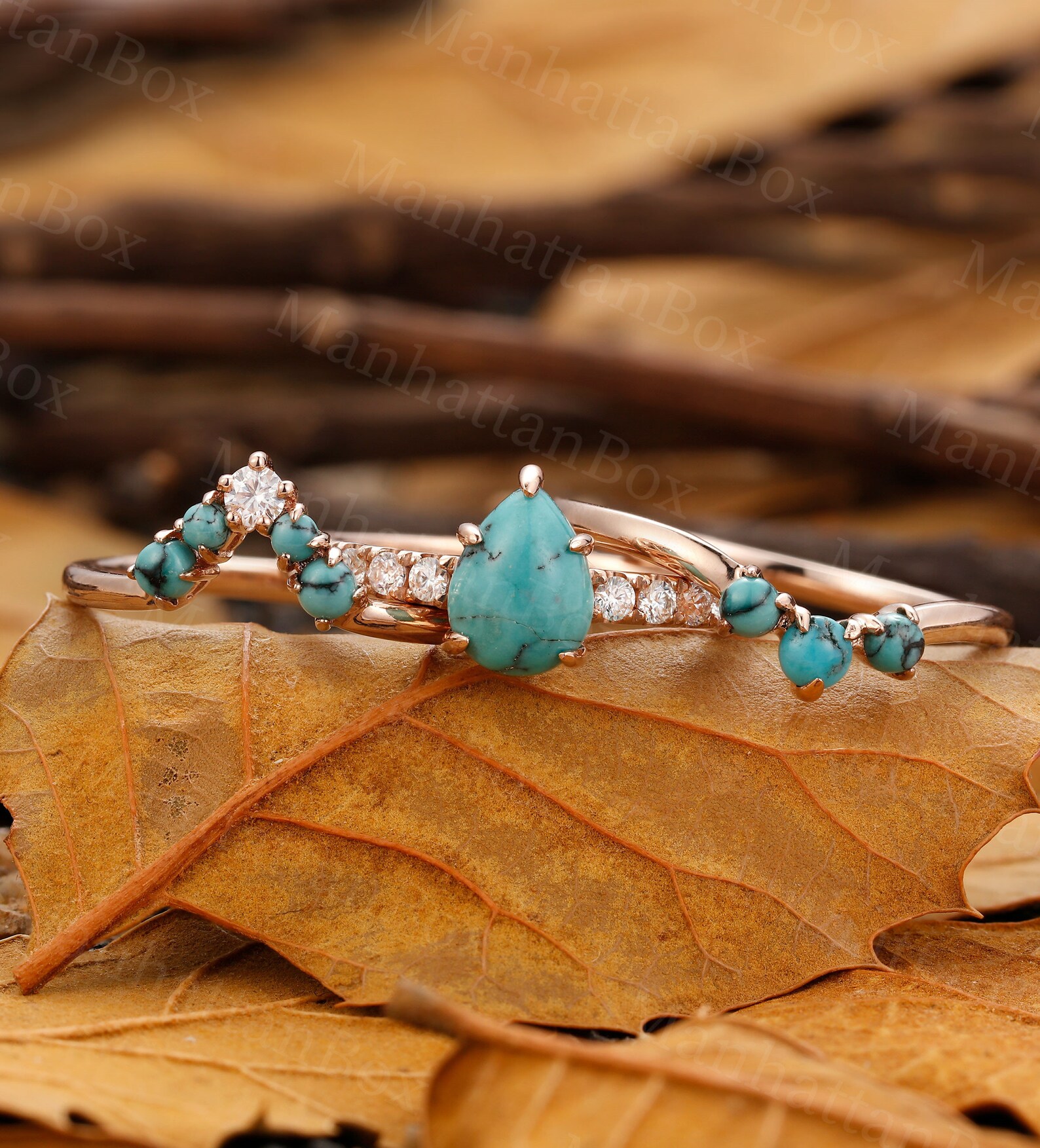 Turquoise Engagement Ring Set Vintage Pear Cut Turquoise Ring Etsy